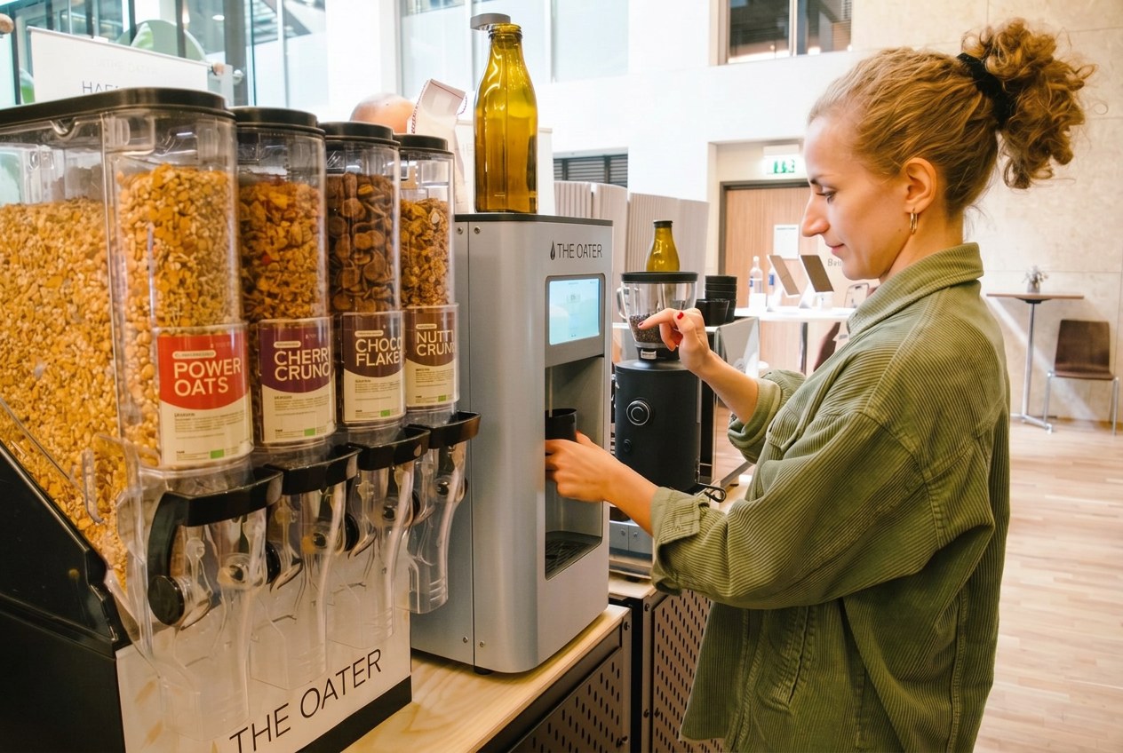 Gast füllt sich an der Breakfast Bar frischen Haferdrink ab, daneben Spender mit Granola und Müsli