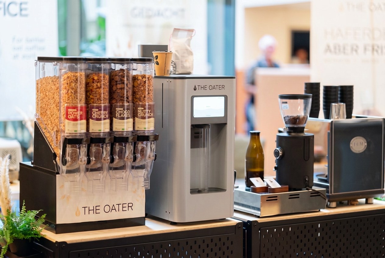 Frühstücksstation mit Müsli, Granola und Haferdrink