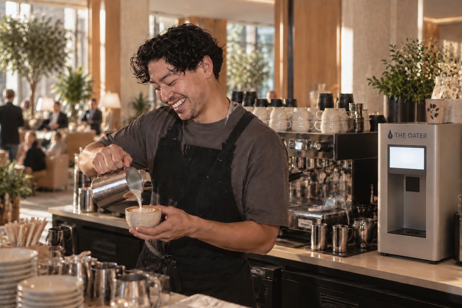 Ein Barista gießt geschäumte Milch in eine Tasse und malt ein Muster in den Milchschaum, rechts daneben steht eine The Oater Maschine auf einem Holztresen