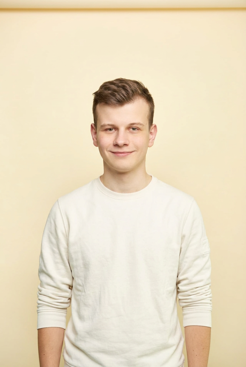 Porträt von Jonas Pahlitsch im cremefarbenen Sweatshirt vor cremefarbenem Hintergrund