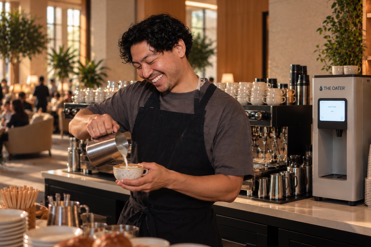 Barista gießt Latte Art an der Kaffeebar einer Hotellobby, daneben die The Oater Maschine