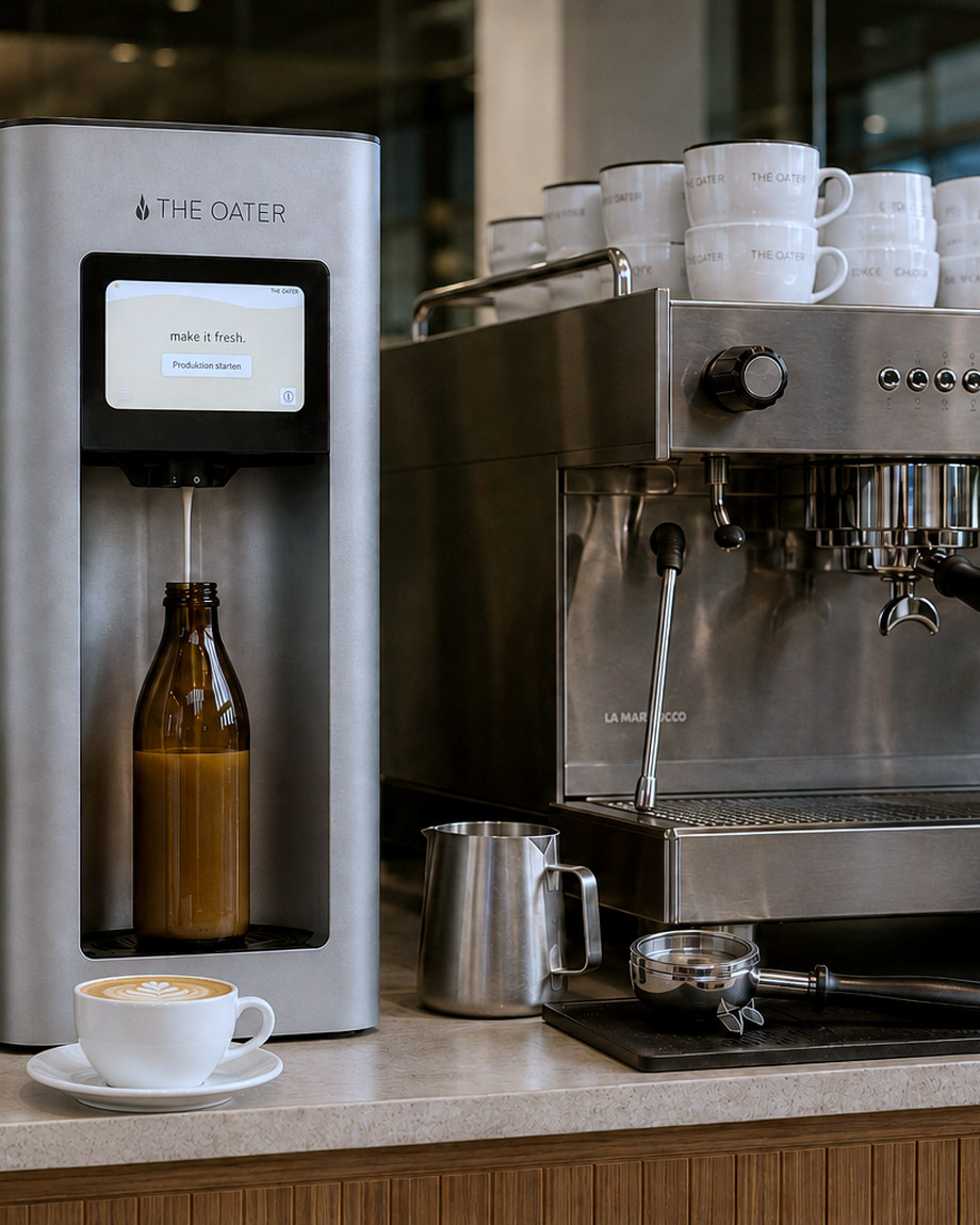 The Oater Maschine füllt frischen Haferdrink in eine braune Glasflasche, davor eine Tasse Kaffee mit Latte-Art-Muster, ein Milchkännchen und ein Siebträger auf der Theke